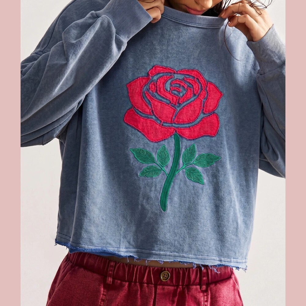 Slate Blue Rose Applique Raw Hem Oversized Long Sleeve Tee